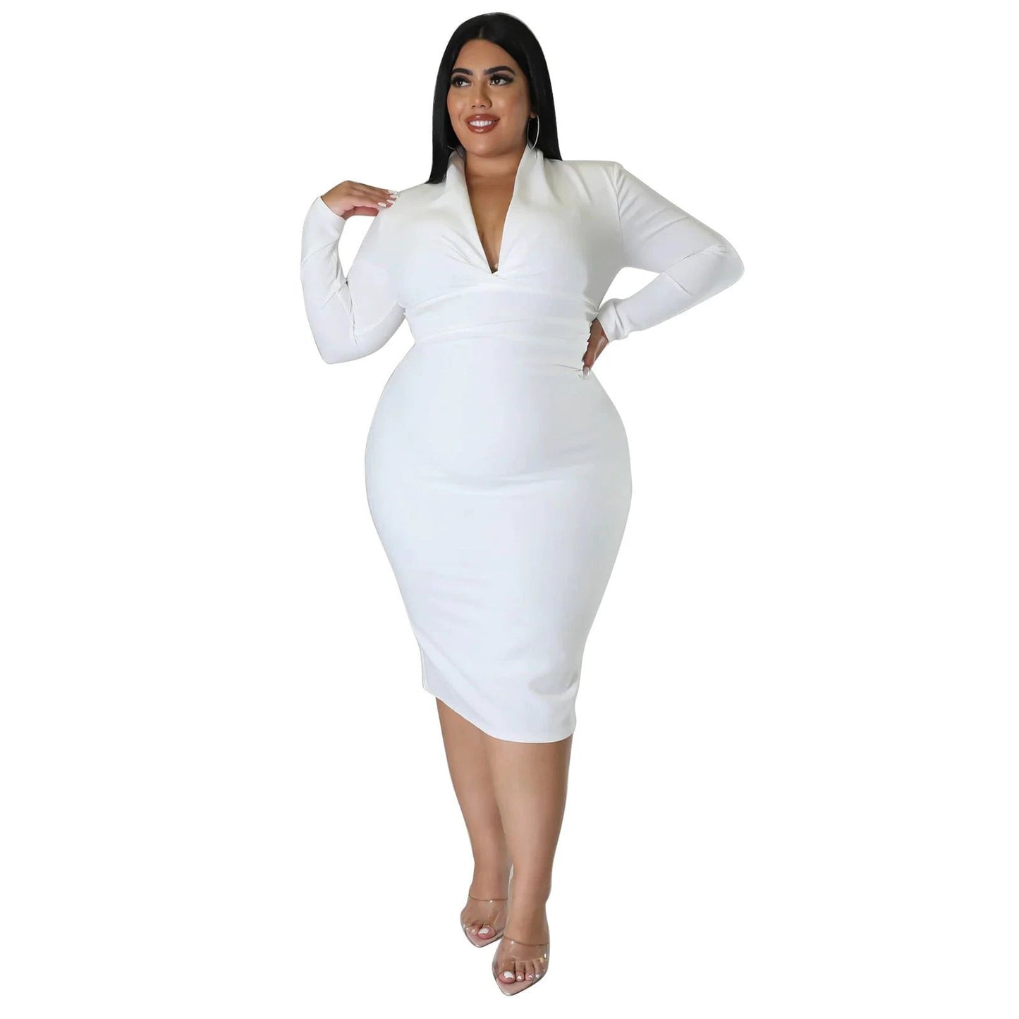 Fashion Casual Solid Color Long Sleeve Zipper V-neck Dress by GJG Denim