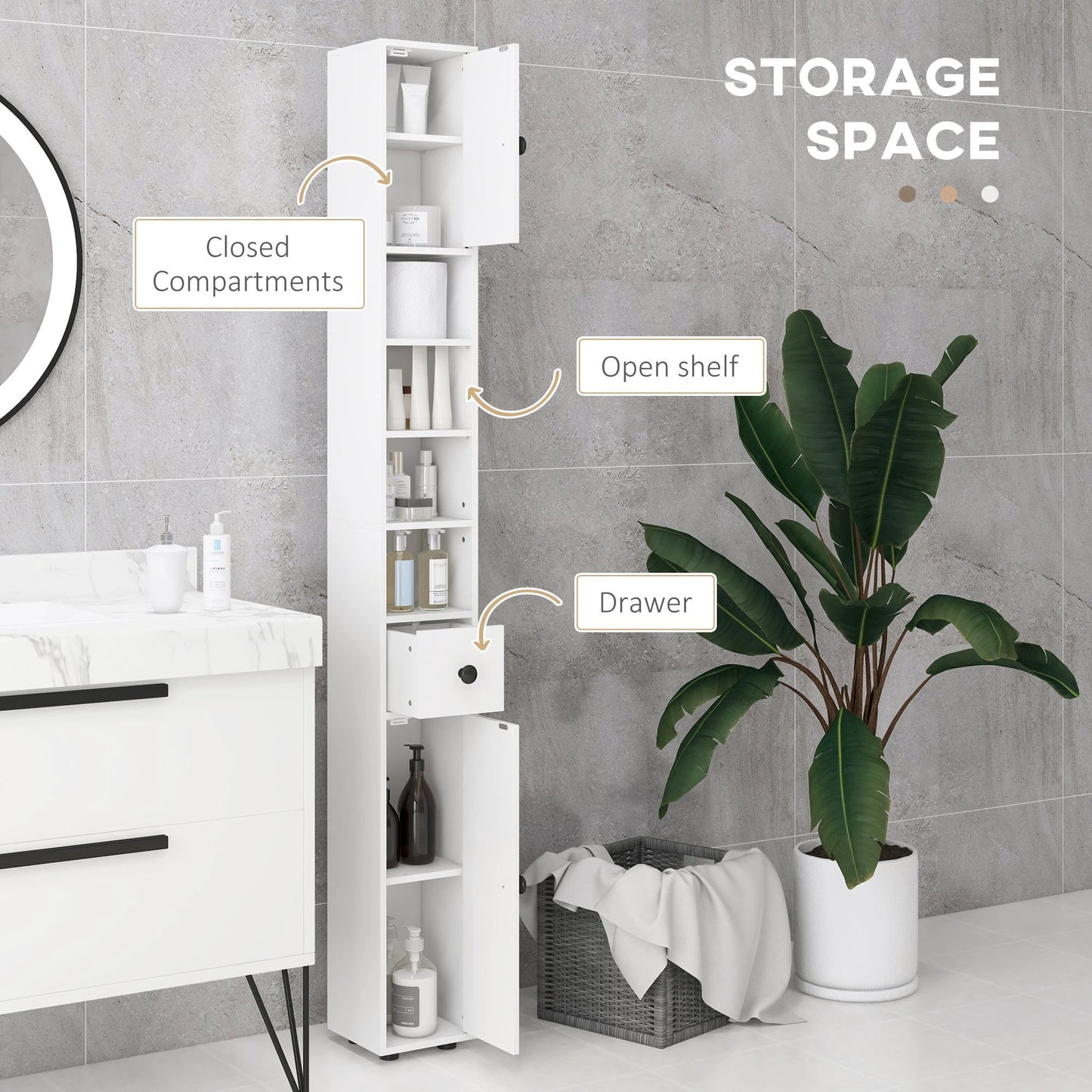 71" Small Bathroom Storage Cabinet, Narrow Toilet Paper Cabinet With Open Shelves, 2 Cabinets, Adjustable Shelves, White by GJG Denim