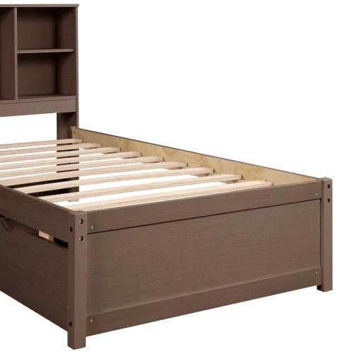 Modern Twin Size Bed Frame With Built-in USB Port On Bookcase Headboard And 2 Drawers Walnut Color by GJG Denim