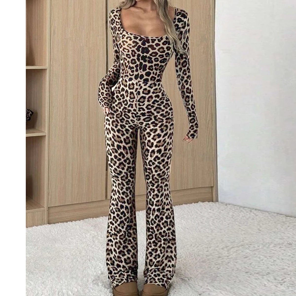 Women's Slim-fit Hip-wrapped Square Collar Leopard Print Jumpsuit by GJG Denim
