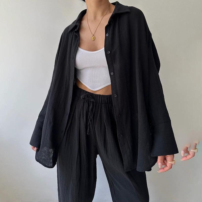 Women's Solid Color Lapel Collar Long Sleeve Shirt & High-Waist Pants Set - Casual Loose Fit Spring&Summer Outfit by GJG Denim