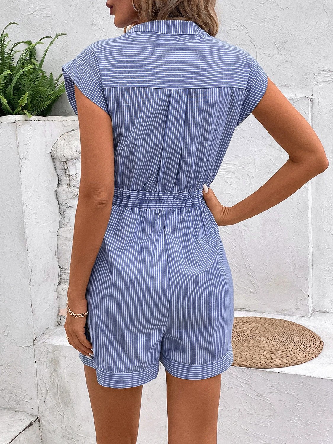 Striped Notched Tie Waist Romper by Lady Ros