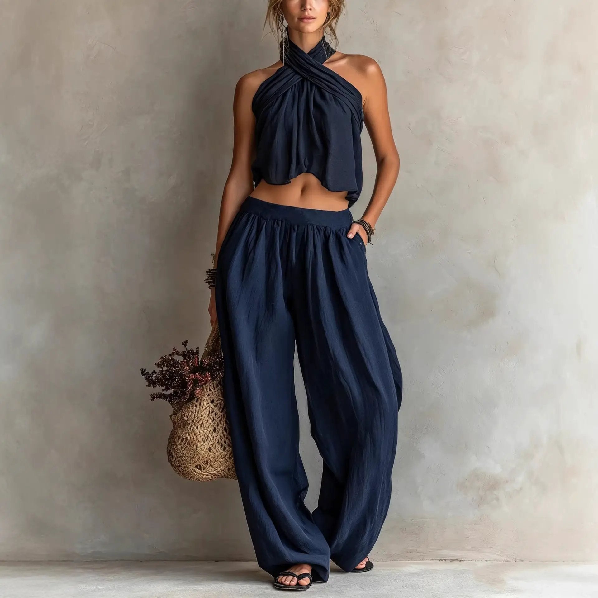 Womens Loose-Fit Sleeveless Top And Wide-Leg Pants Two-Piece Set by GJG Denim
