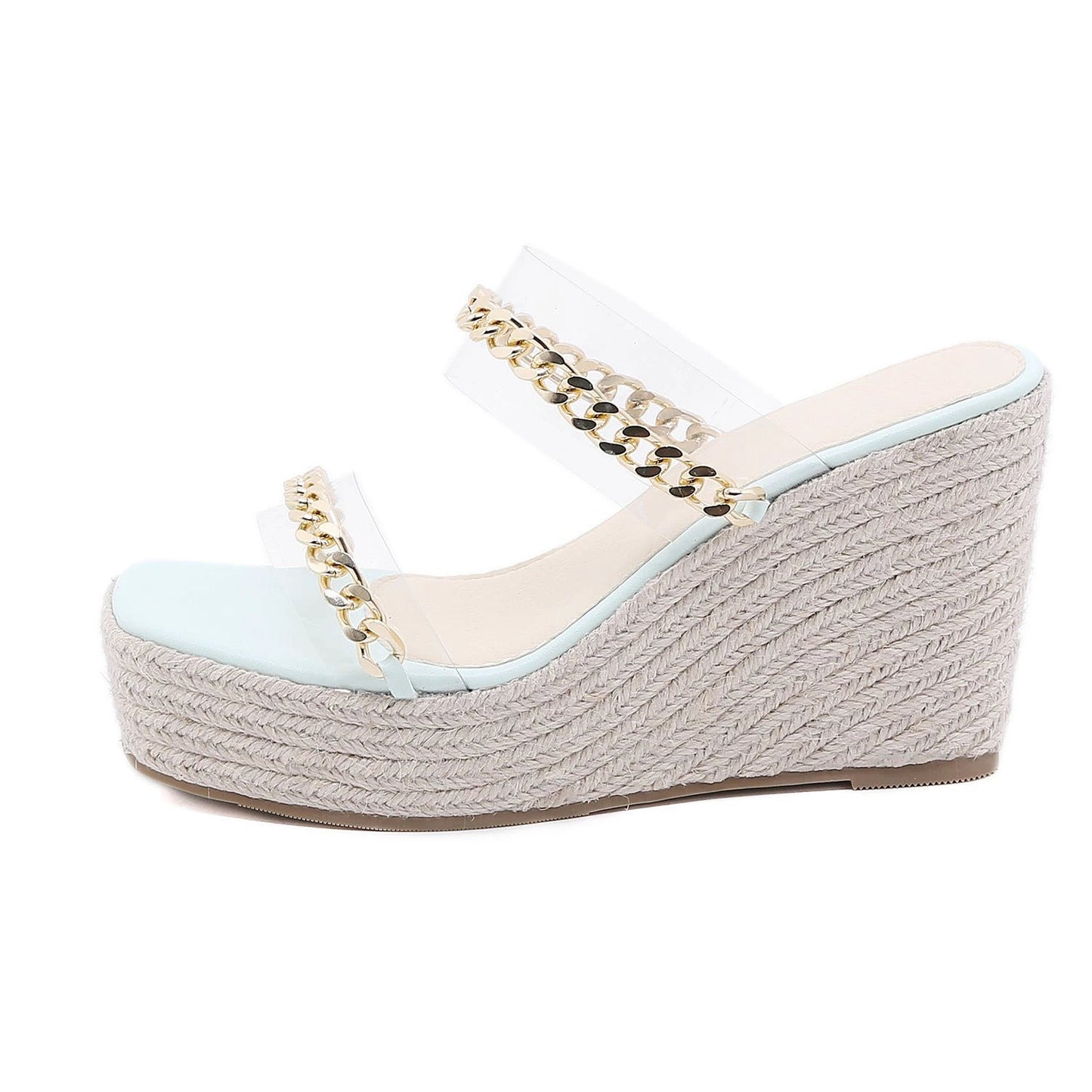 Square Toe Sandals, Wedge Heel, Transparent Film, Metal Chain Sandals by GJG Denim