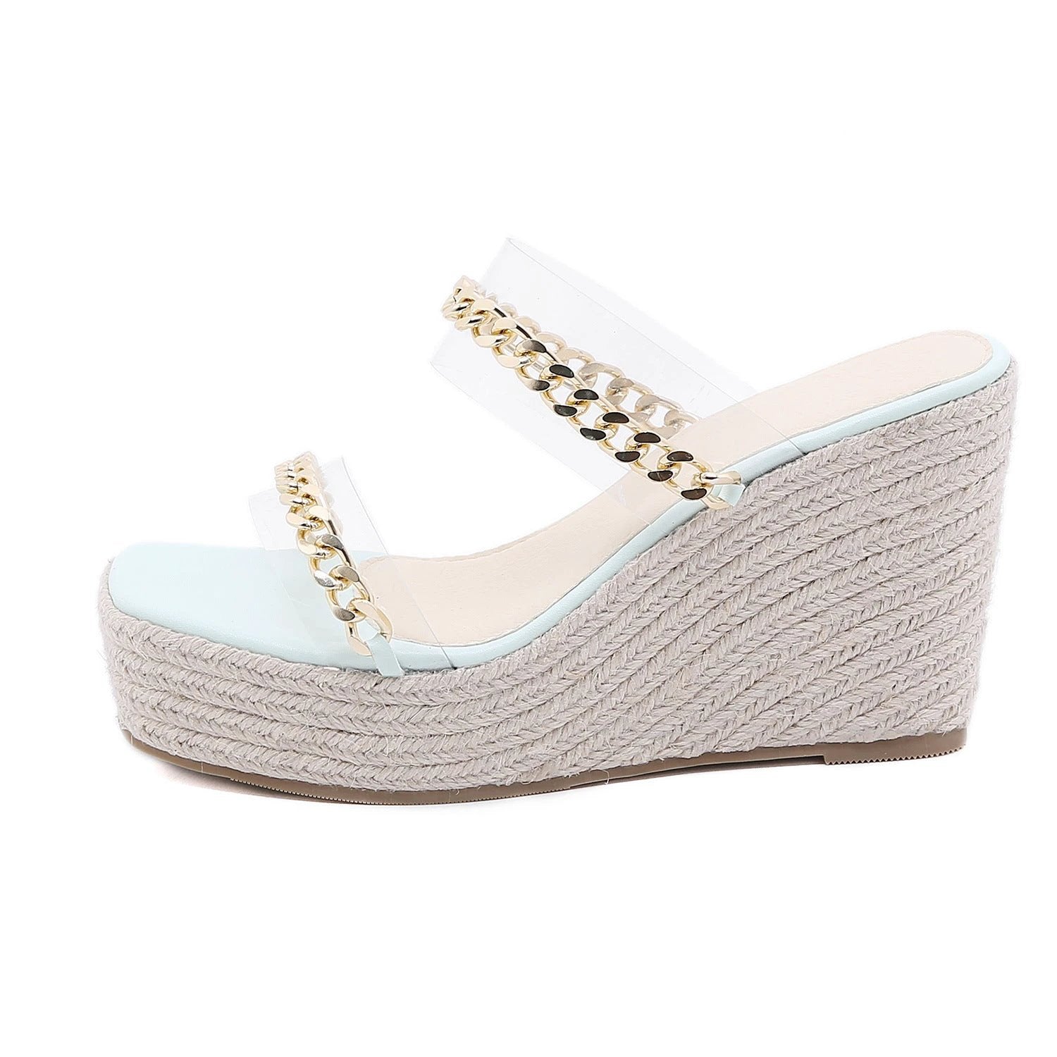 Square Toe Sandals, Wedge Heel, Transparent Film, Metal Chain Sandals by GJG Denim