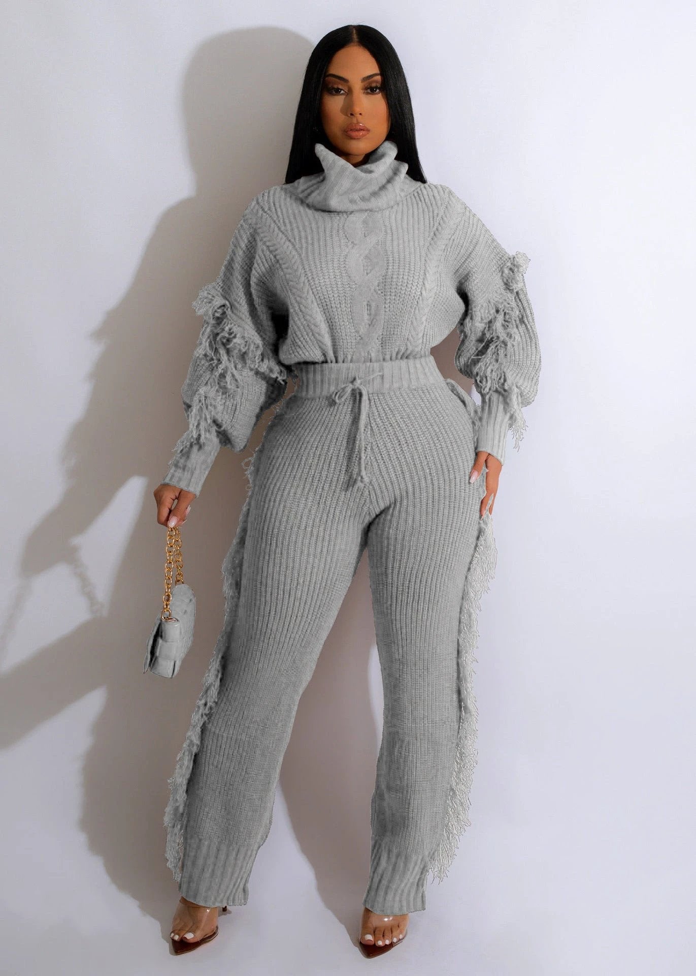 Casual Solid Color Knitted Long Sleeve Turtleneck Tassel Suit by GJG Denim