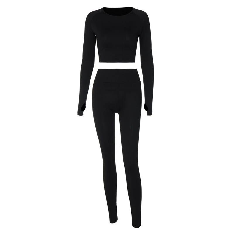 Long Sleeve Round Neck Top Package Hip Skinny Trousers High Elastic Sports Yoga Body-hugging Suit by GJG Denim