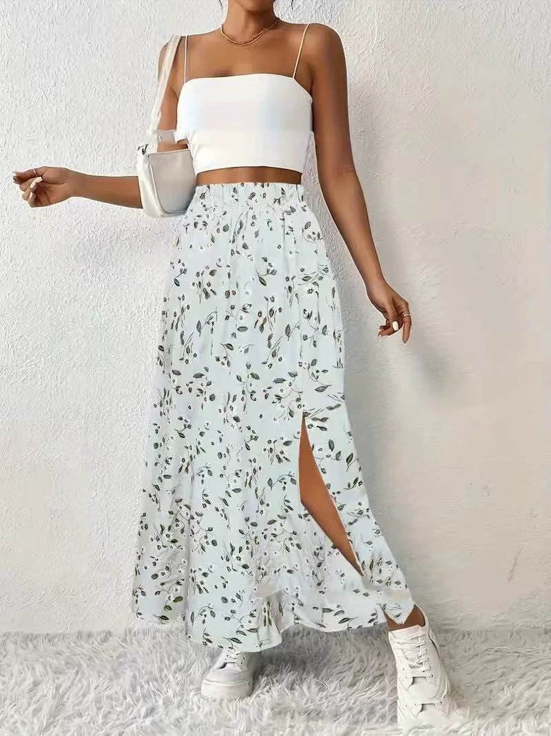 Women's Fashionable With Side-slit Printed Skirt by GJG Denim