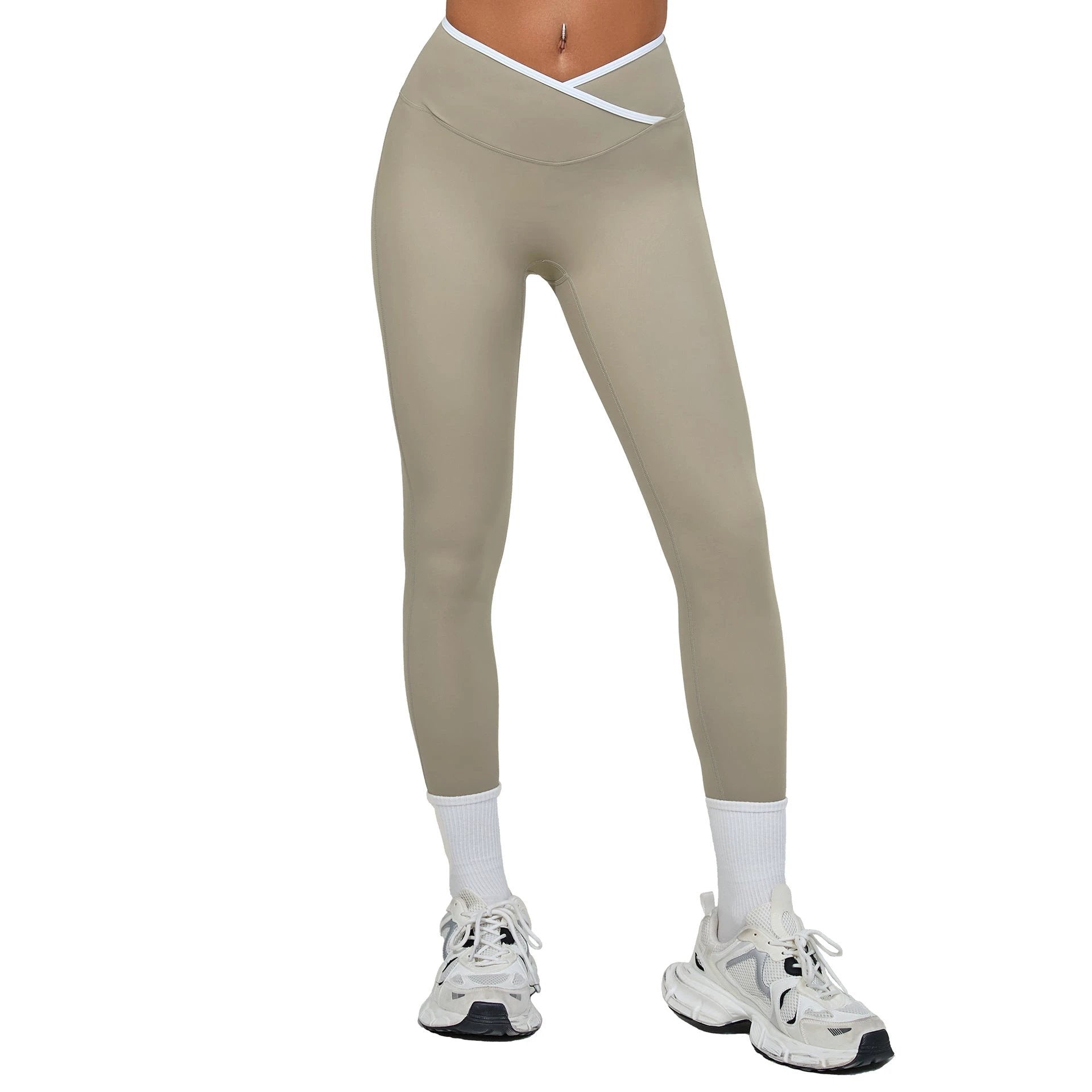 Bare-feel Tight Cross-over High-waist Contrast-color Leggings by GJG Denim