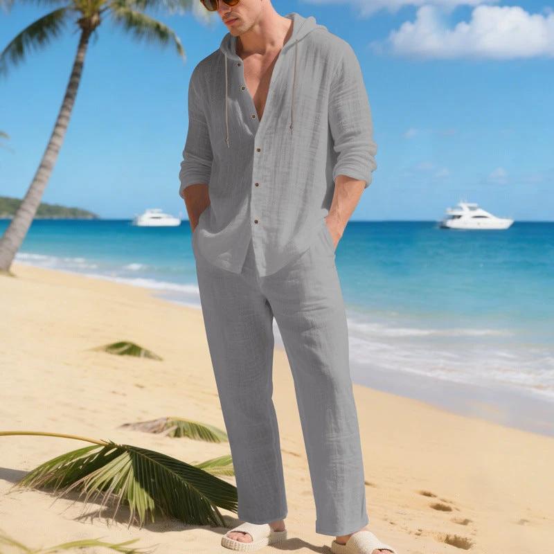 Loose, Breathable Linen Casual Hooded Long-sleeve Shirt And Pants Set by GJG Denim