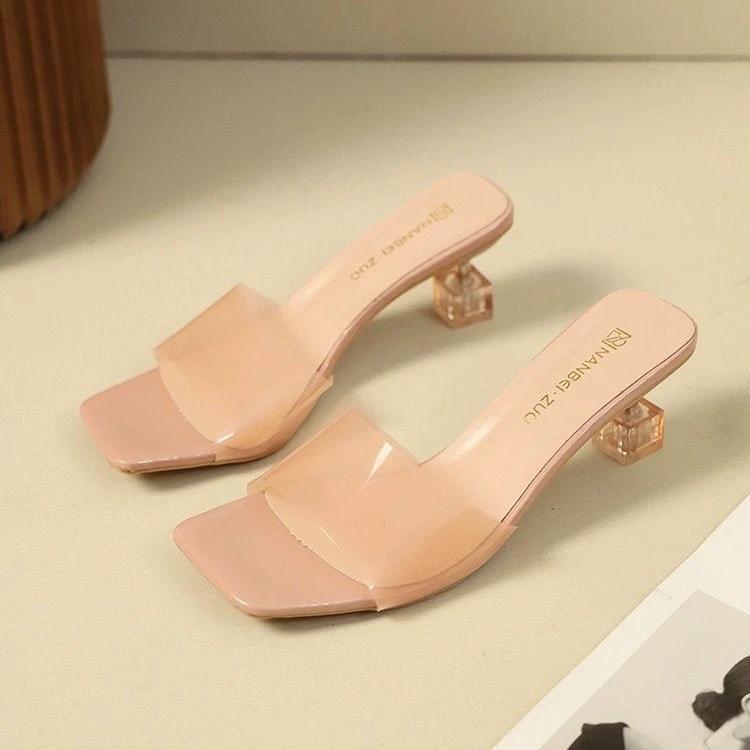French Style Crystal Thin Heel Square Toe One-Strap Sandals For Women, New Transparent High Heel Slide Sandals Outdoor Wear by GJG Denim
