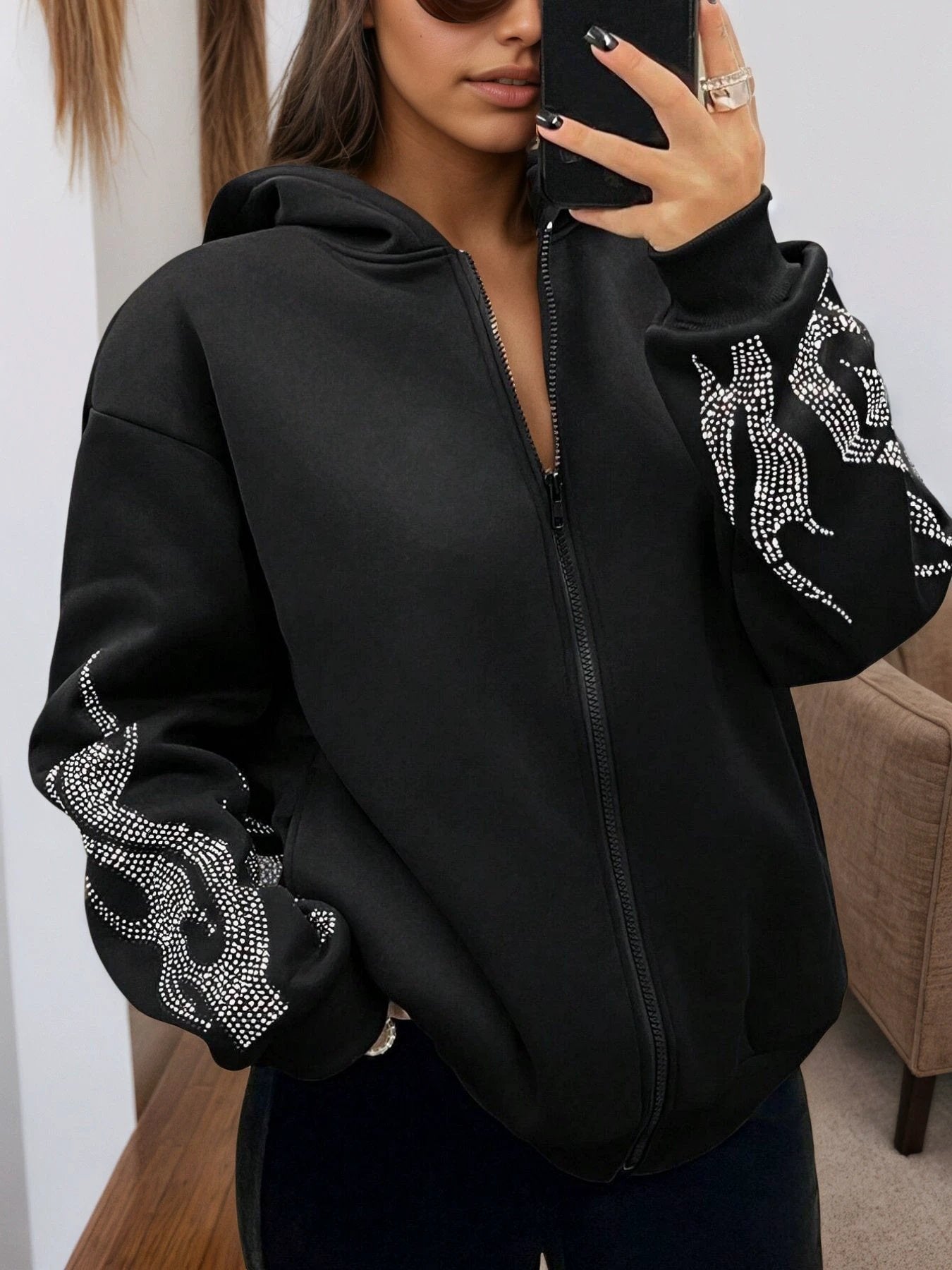 2025 New Women's Jacket With Zipper Closure, Hooded Neck, Flame Printed Sleeves, Essential Women's Coat For Autumn And Winter by GJG Denim