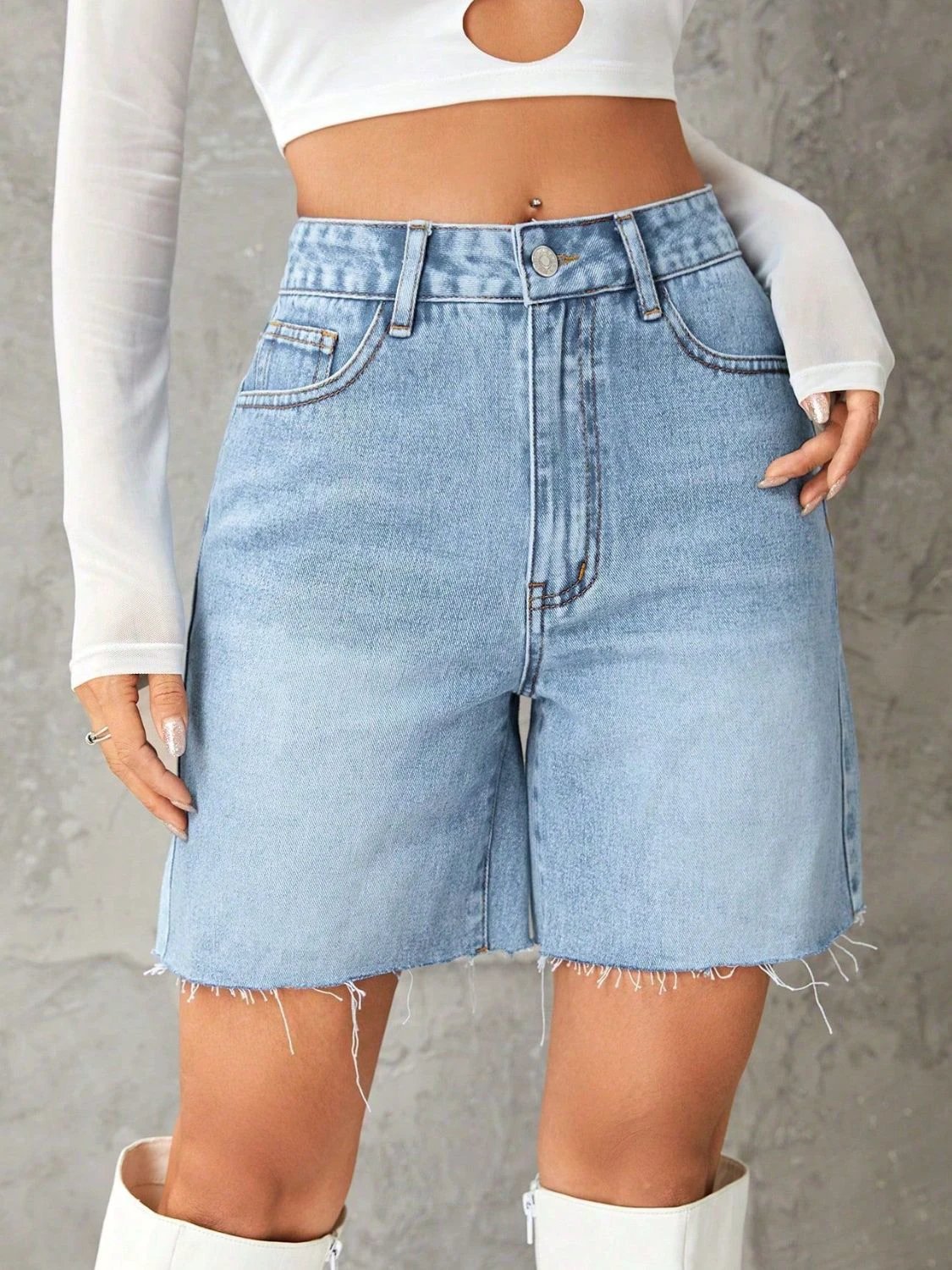Frayed Hem Denim Shorts by Lady Ros