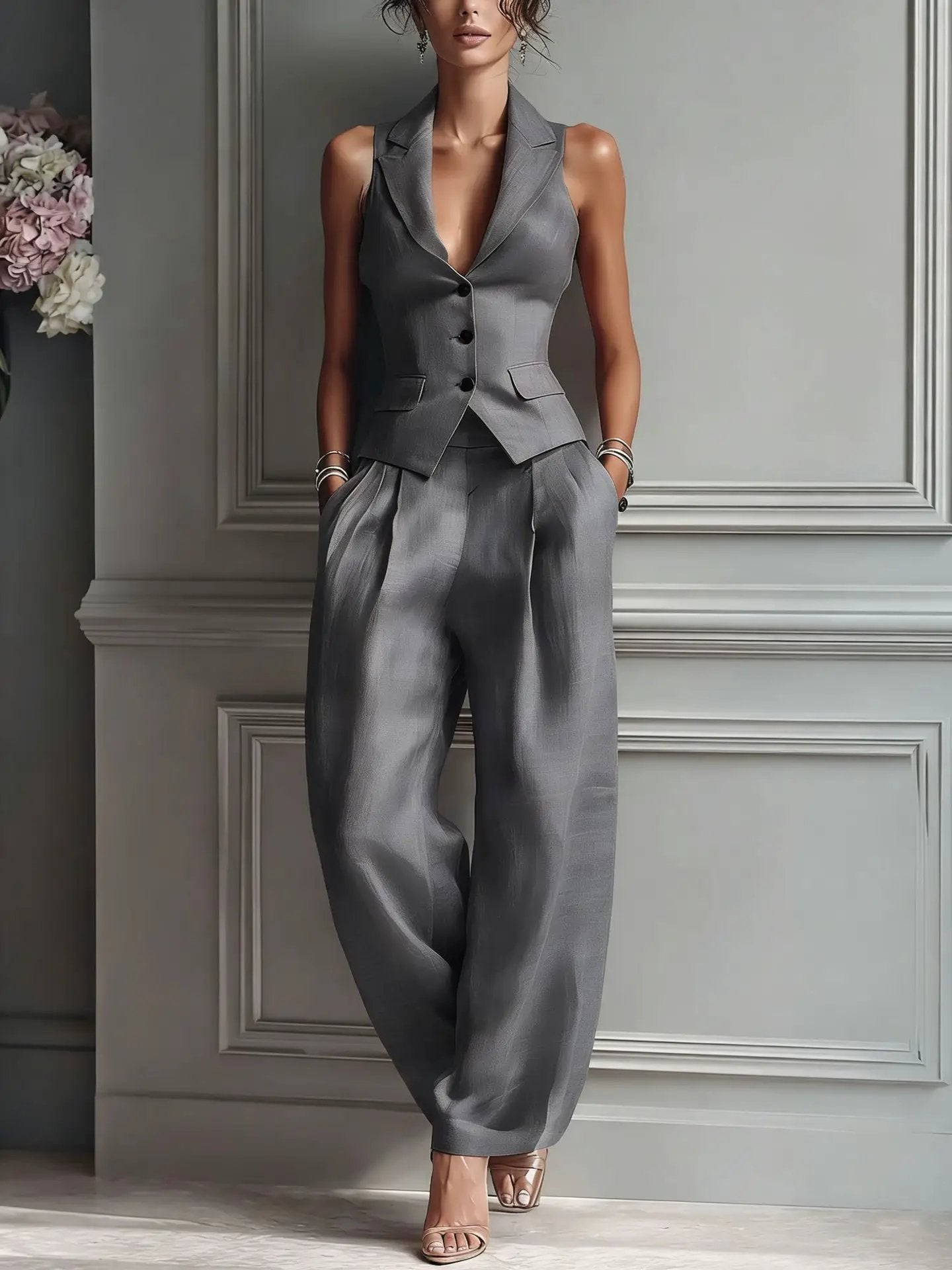 Casual Single-breasted Vest And Casual Pants Set by GJG Denim