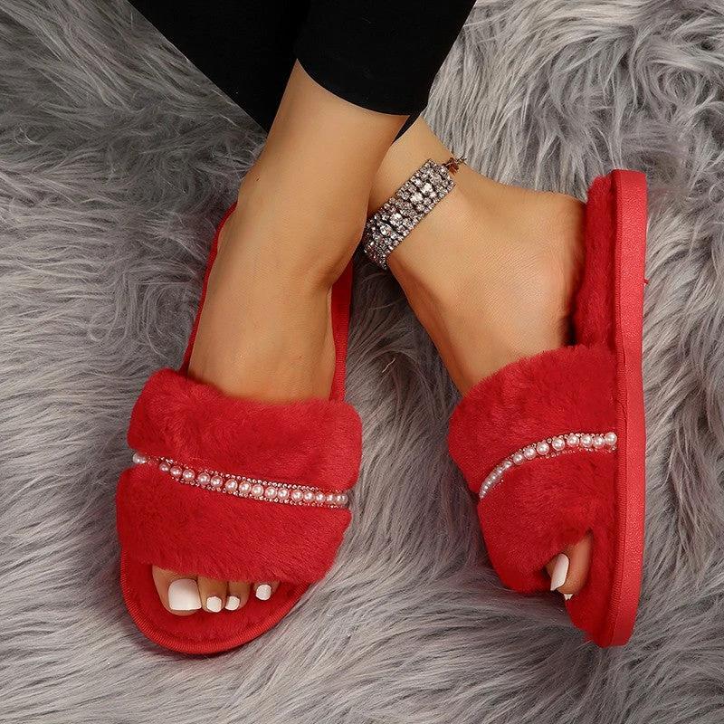 Fashion Solid Color Plush Slippers With Pearl Flat House Slippers Outdoor Indoor Shoes by GJG Denim
