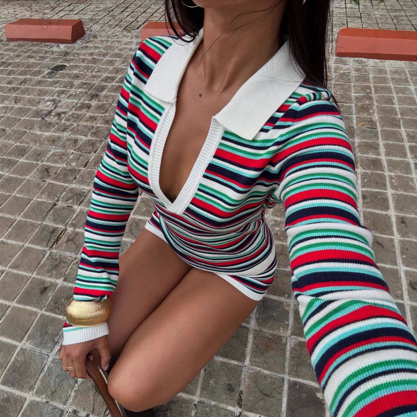 Womens Stylish Casual Striped Color-Block Long-Sleeve Top And Shorts Set by GJG Denim