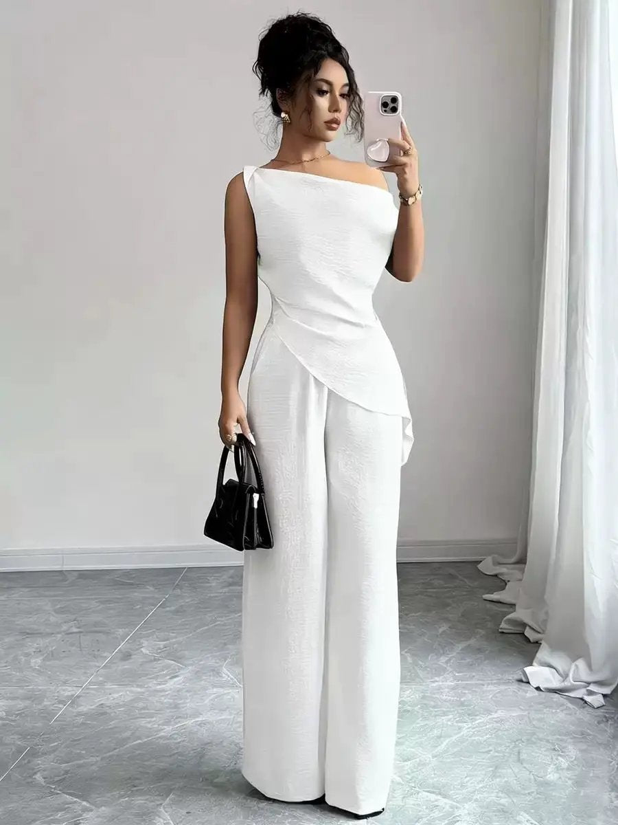 Solid-color Wide-leg Pants Suit For Women by GJG Denim