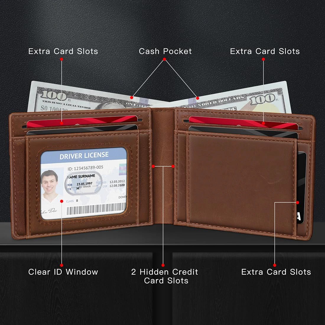 Real Leather, Slim Bifold Minimalist Front Pocket Design, RFID Mens Wallet With Money Pocket,ID Window, Holds Up To 11 Cards by GJG Denim