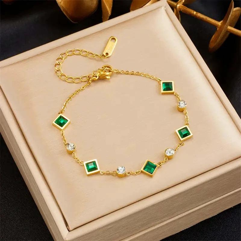 Fashion Gold-plated Titanium Steel Square Emerald Inlaid Rhinestone Bracelet by GJG Denim