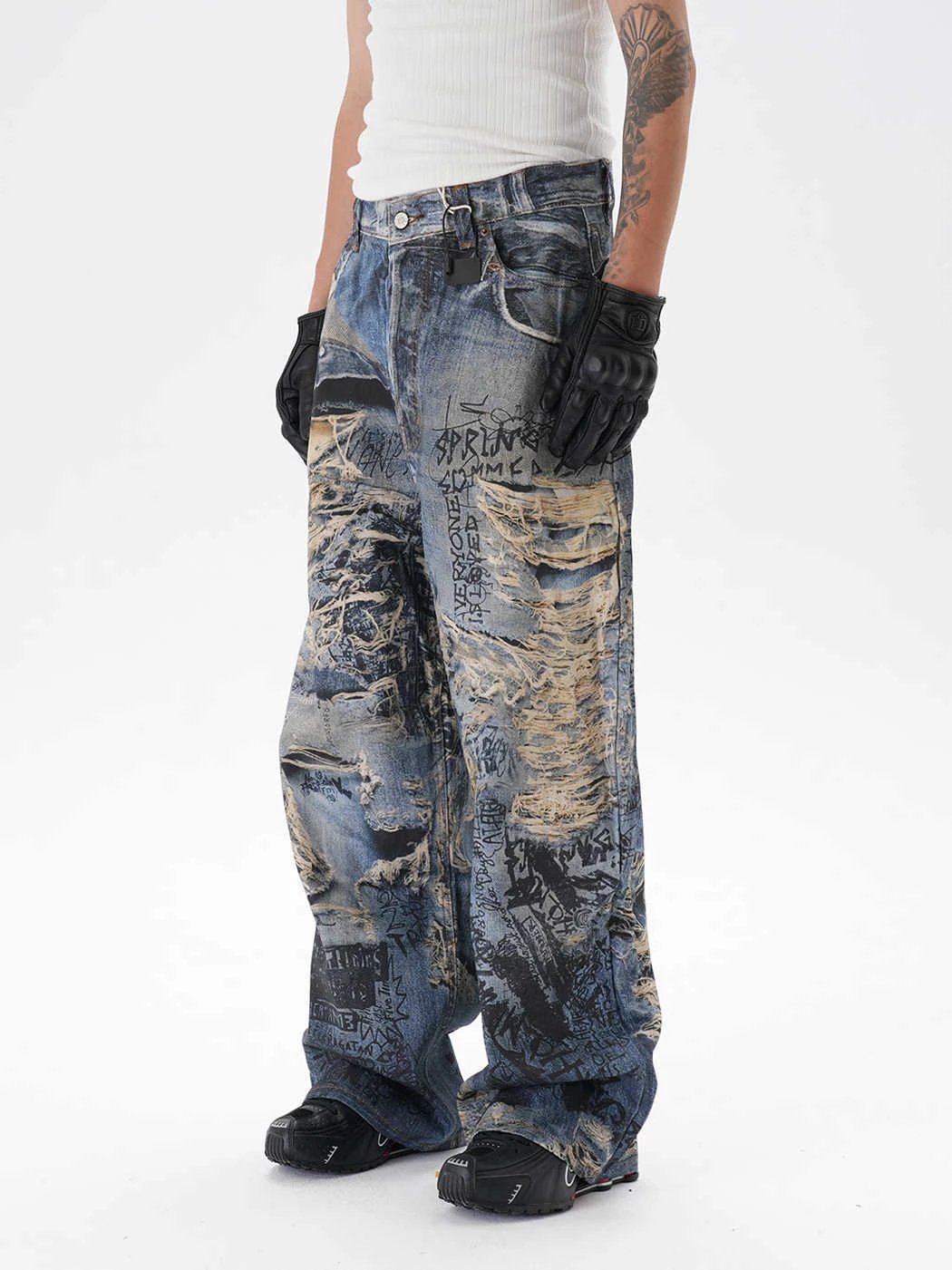 Men's Ripped Graffiti Straight Jeans by GJG Denim