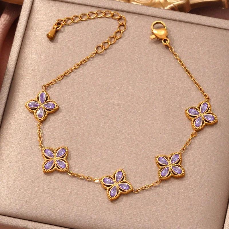 Small Flowers Inlaid Zircon Bracelet For Women by GJG Denim