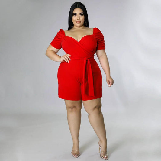 Women's Casual Fashionable And Sexy Solid-Colored Belted Jumpsuit In Plus Sizes by GJG Denim