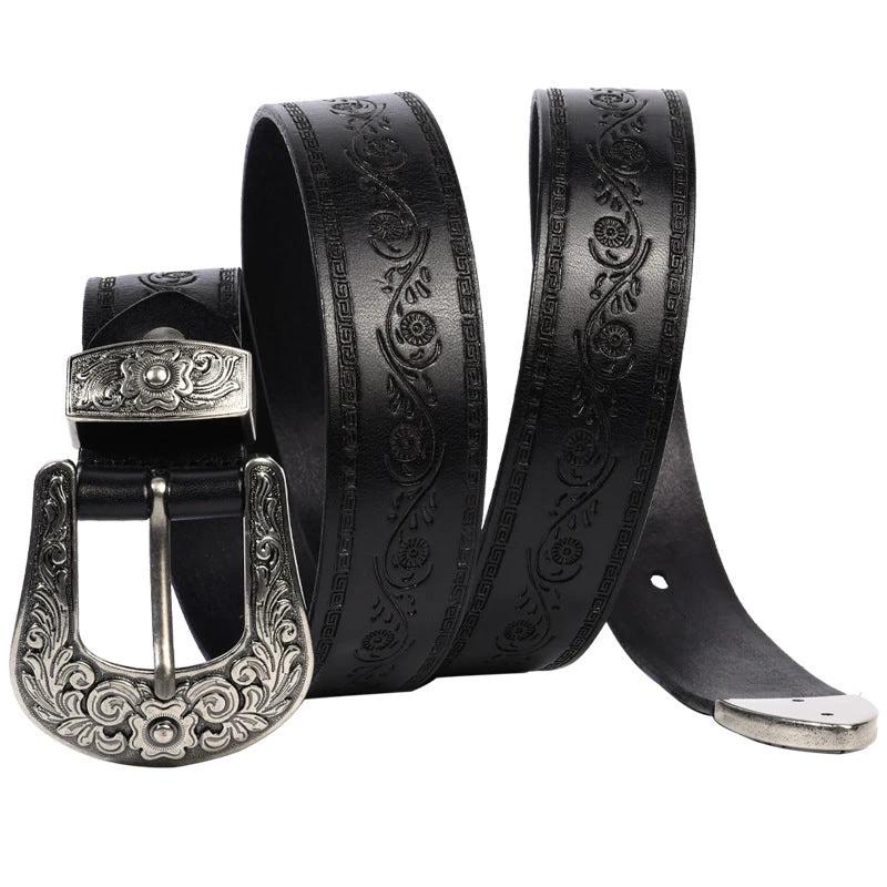 Men's Embossed First Layer Cowhide Mongolian Style Personalized Carved Belt by GJG Denim