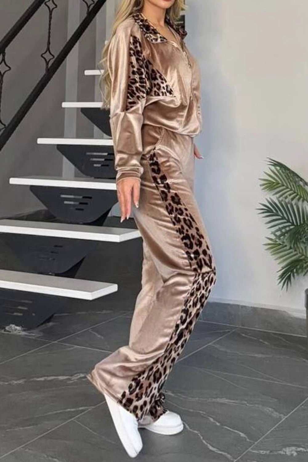 Full Size Collared Neck Leopard Zip Up Top and Pants Set Plus Size by Lady Ros