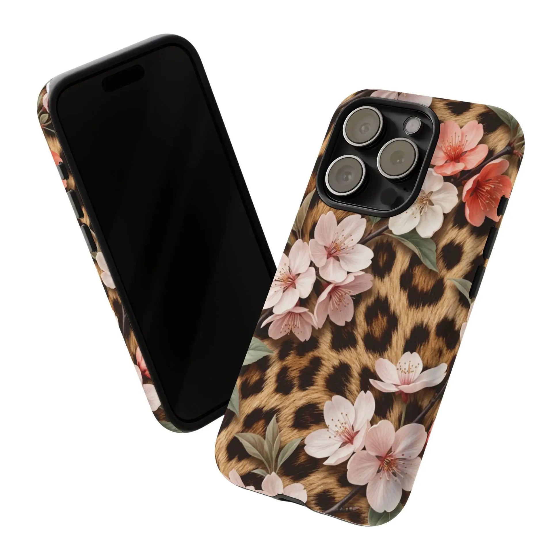 Leopard Floral Tough Case — Protective Phone Case with Pink Cherry Blossoms by Printify