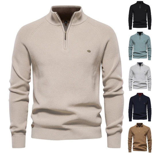 Men's Zipper Stand Collar Knitted Sweater Fashion Slim Solid Color Long Sleeve Half Turtleneck Top Men's Clothing by GJG Denim