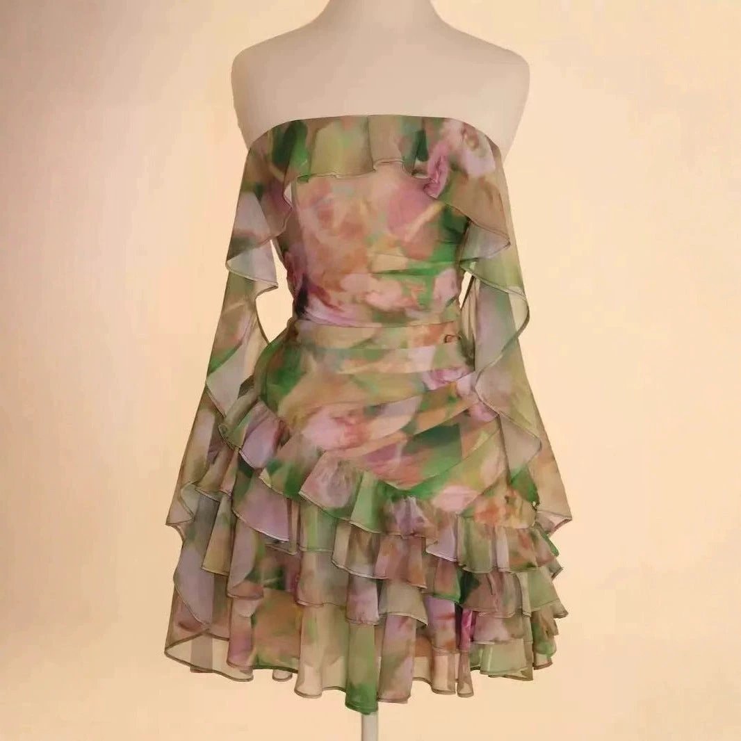 Chiffon Printed Ruffles Tube Dress by GJG Denim