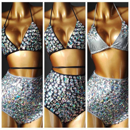Venus Vacation Diamond Bikini Set Rhinestone Swimwear Bandage Swimsuit Sexy Women Bathing Suit Push Bling Stones Biquini by GJG Denim