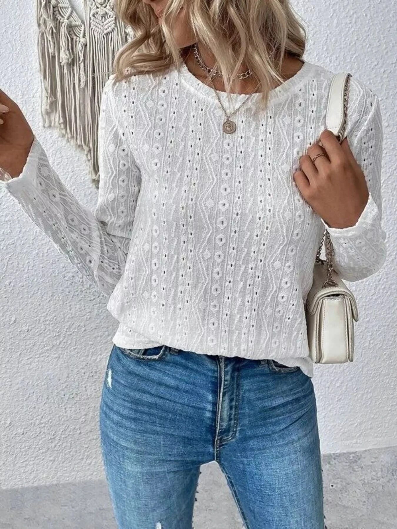 Full Size Eyelet Round Neck Long Sleeve Blouse Plus Size by Lady Ros