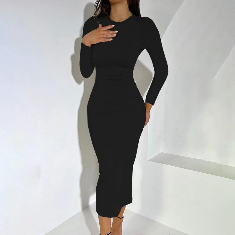 New Women's Sexy Round Neck Casual Long Skirt Elegant Long Sleeved Tight Fitting Women's Clothing by GJG Denim