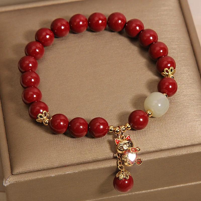 Cinnabar Beaded Lucky Cat Pendant Bracelet by GJG Denim