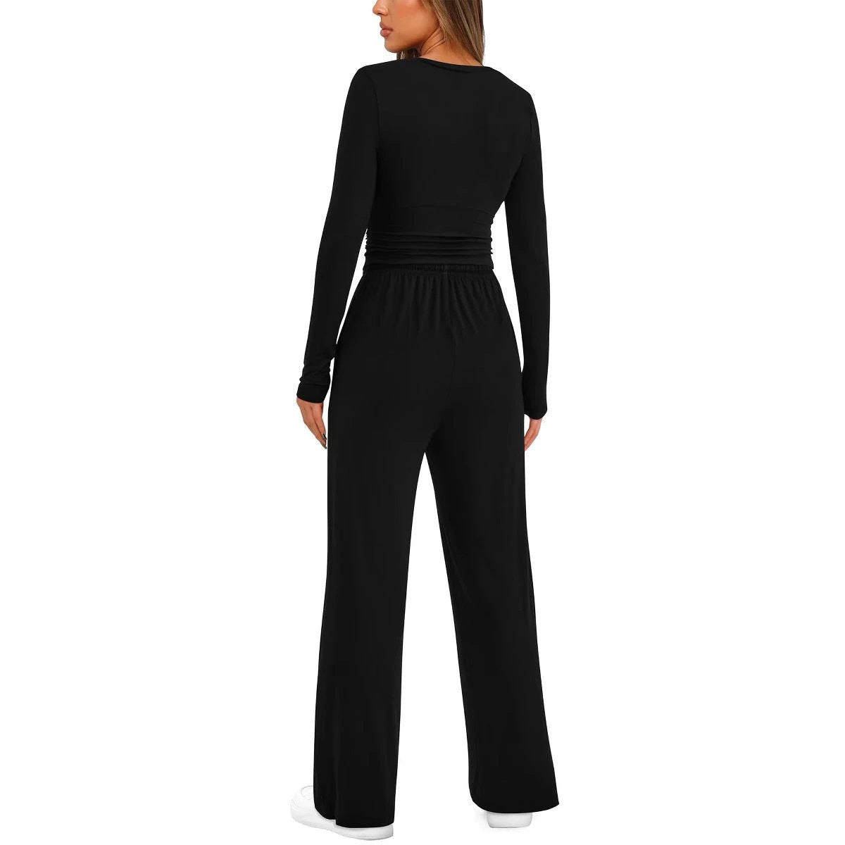 2 Pieces Women's Suit Autumn Winte Long Sleeve Tops High Waisted Wide Leg Pants Sportswear Female Clothes Solid Color Casual Suit by GJG Denim