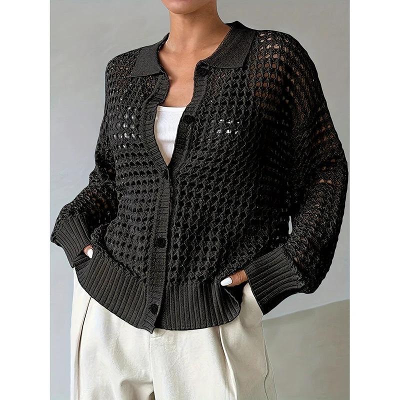 Women's Plus Size Cardigan Lightweight Hollow Out V-Neck Button Down Long Sleeve Knit Coat, 0XL-4XL by GJG Denim