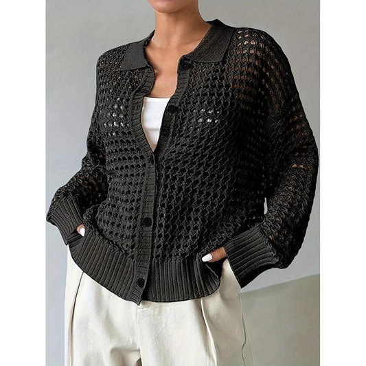 Women's Plus Size Cardigan Lightweight Hollow Out V-Neck Button Down Long Sleeve Knit Coat, 0XL-4XL by GJG Denim