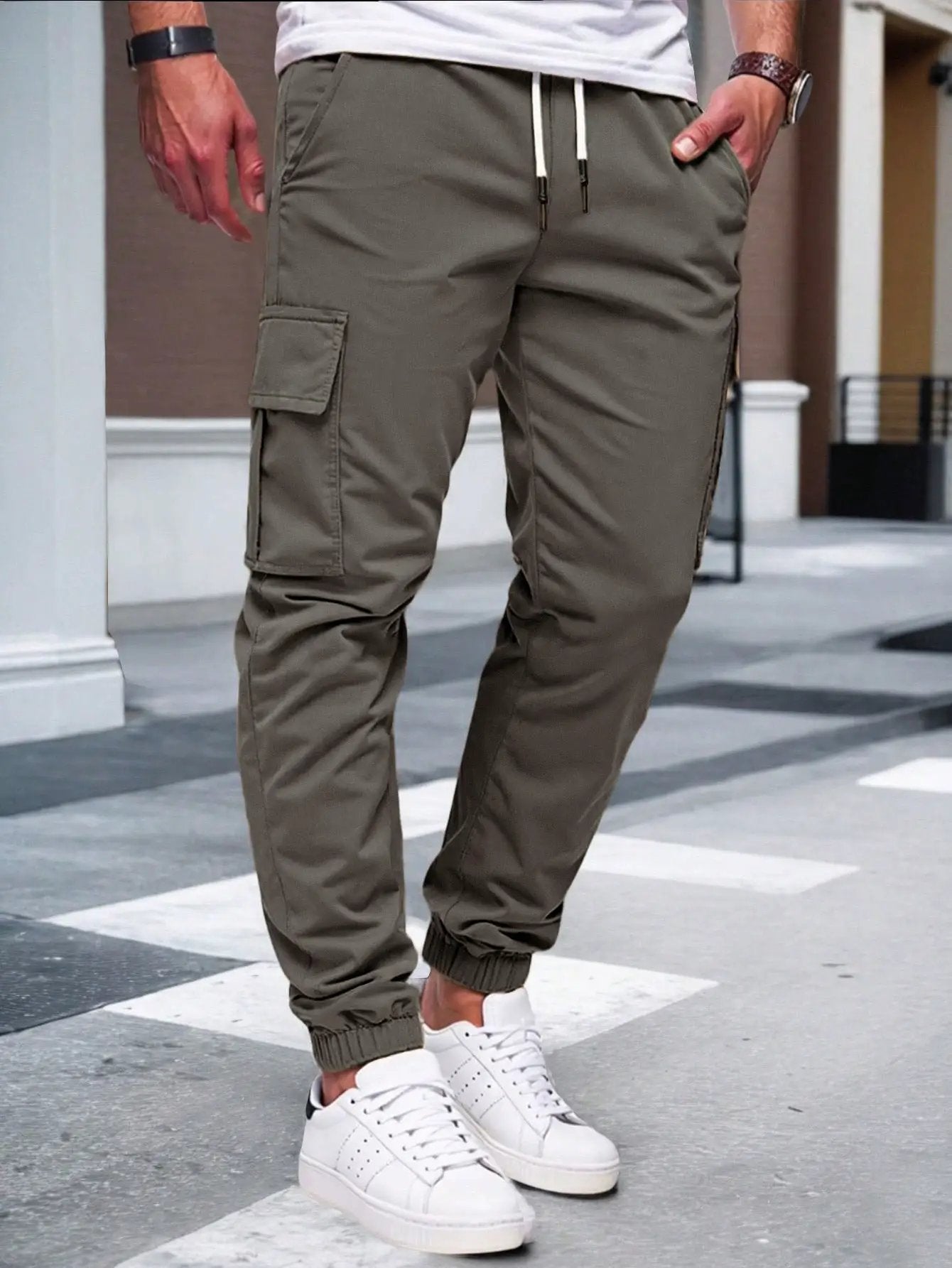 Mens Solid-color Pants With Drawstring Elastic Cuffs by GJG Denim