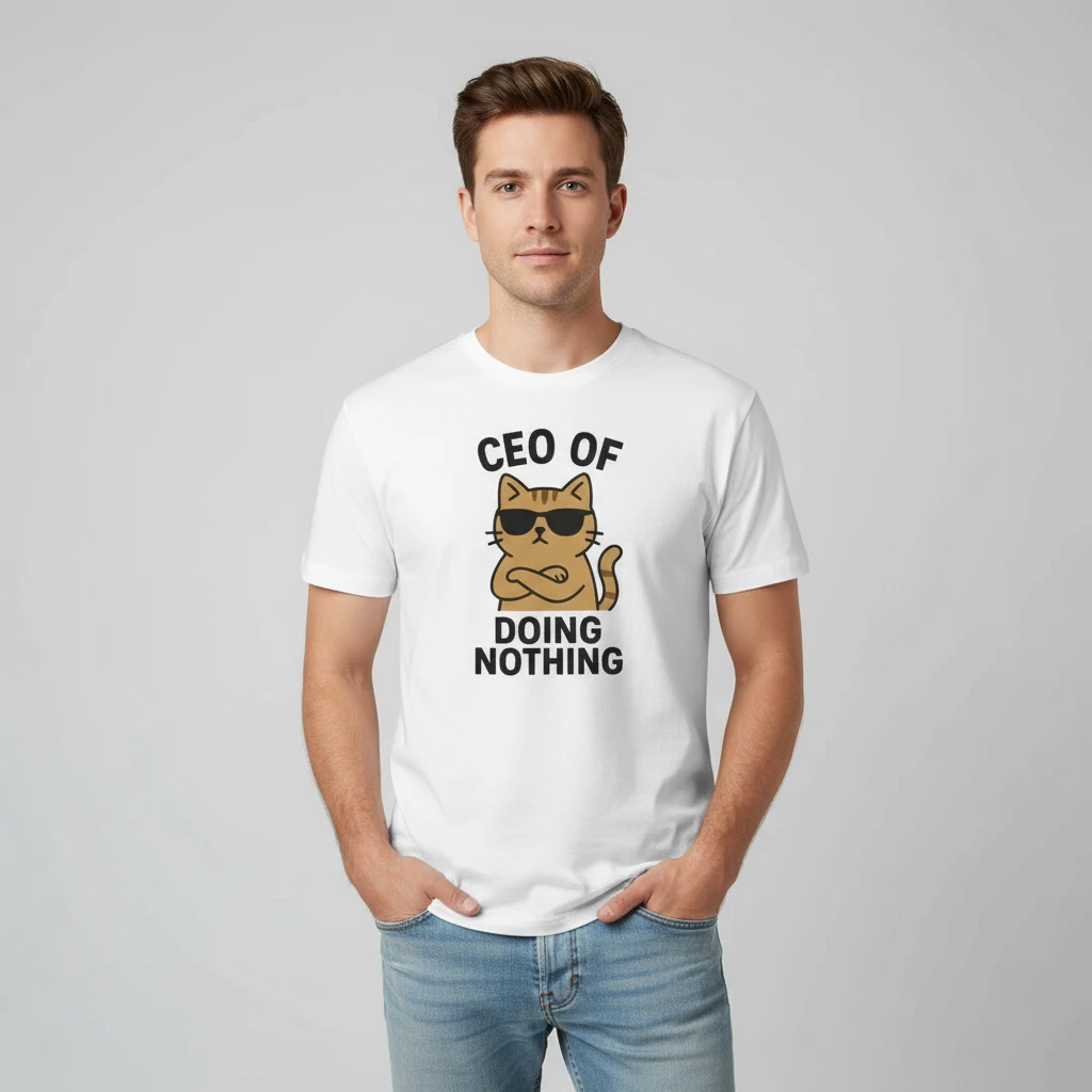 Men's Funny Cat Print Round Neck Short Sleeve Shirt by GJG Denim
