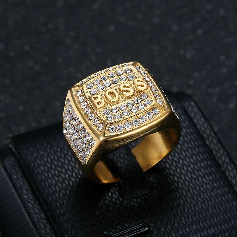 Titanium Steel Vacuum Plating Rhinestone Square "BOSS" Letter Men's Ring by GJG Denim