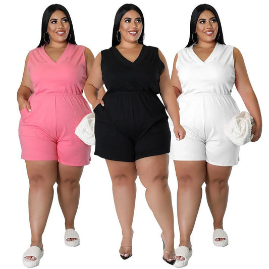 Plus Size Women's V-neck Solid Color Sleeveless Casual Waist Overalls by GJG Denim