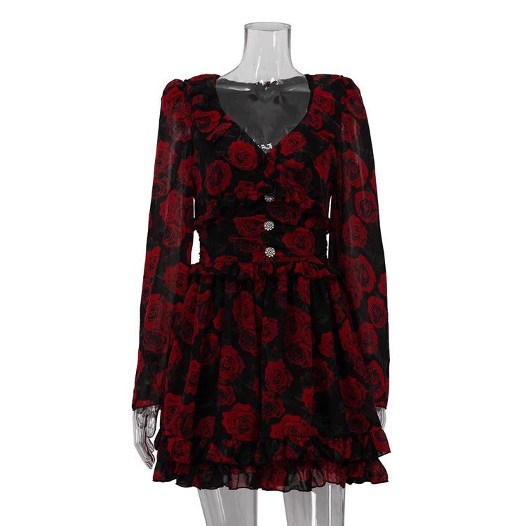 Printed V-neck Long Sleeve Temperament Dress by GJG Denim