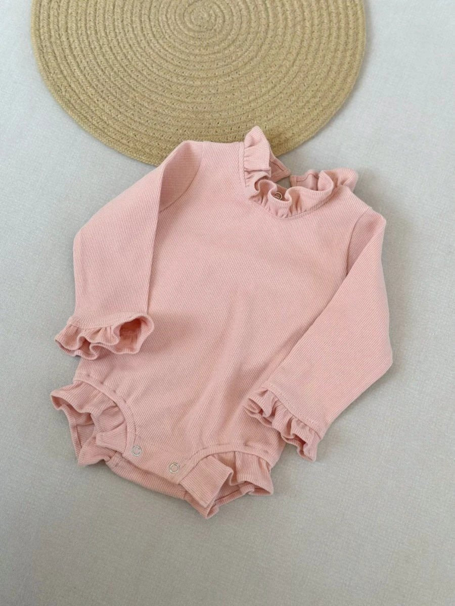 Rib Cotton Short Sleeve Wooden Ear Rompers Jumpsuit by GJG Denim