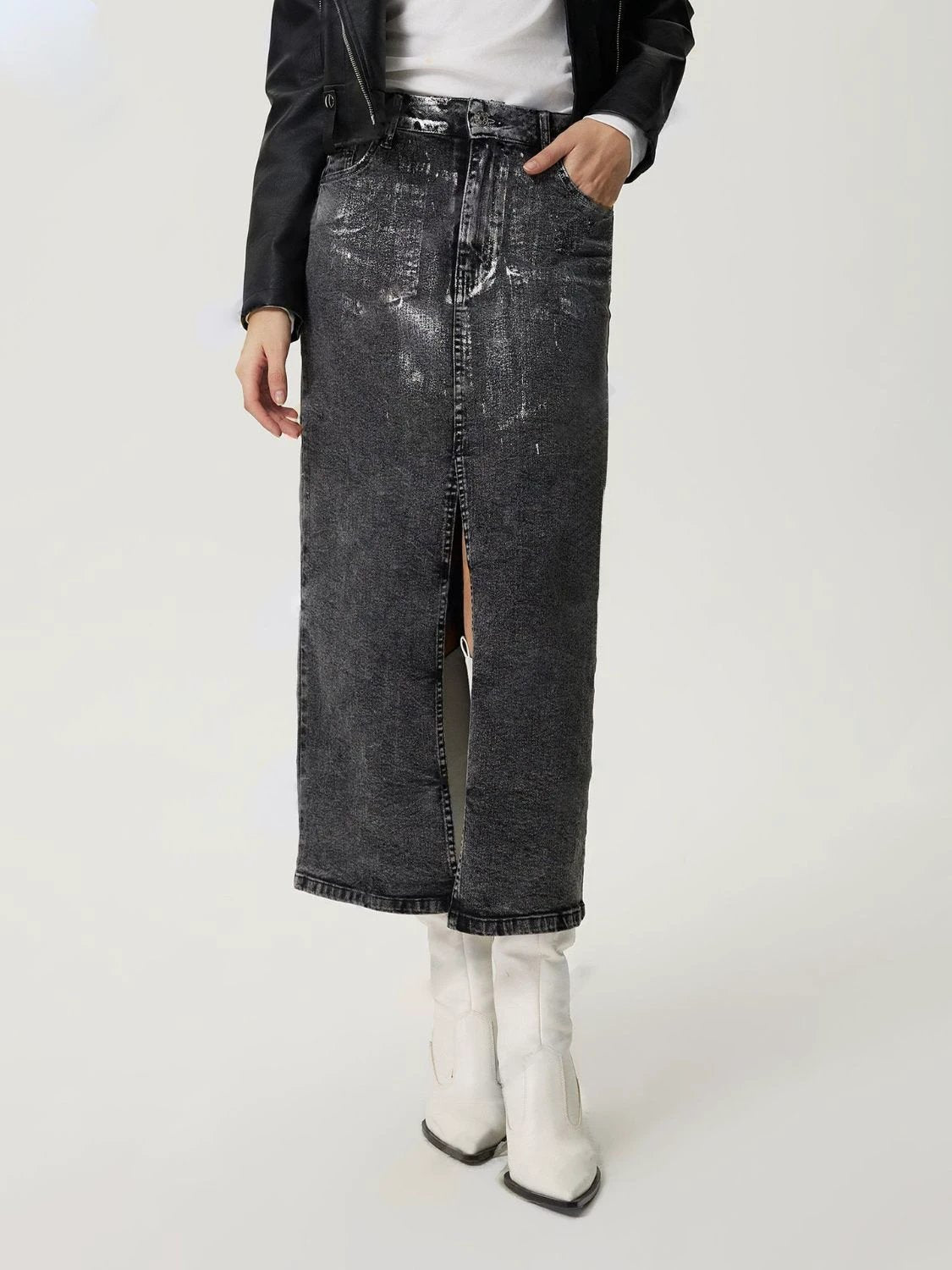 Slit Midi Denim Skirt with Pockets by Lady Ros