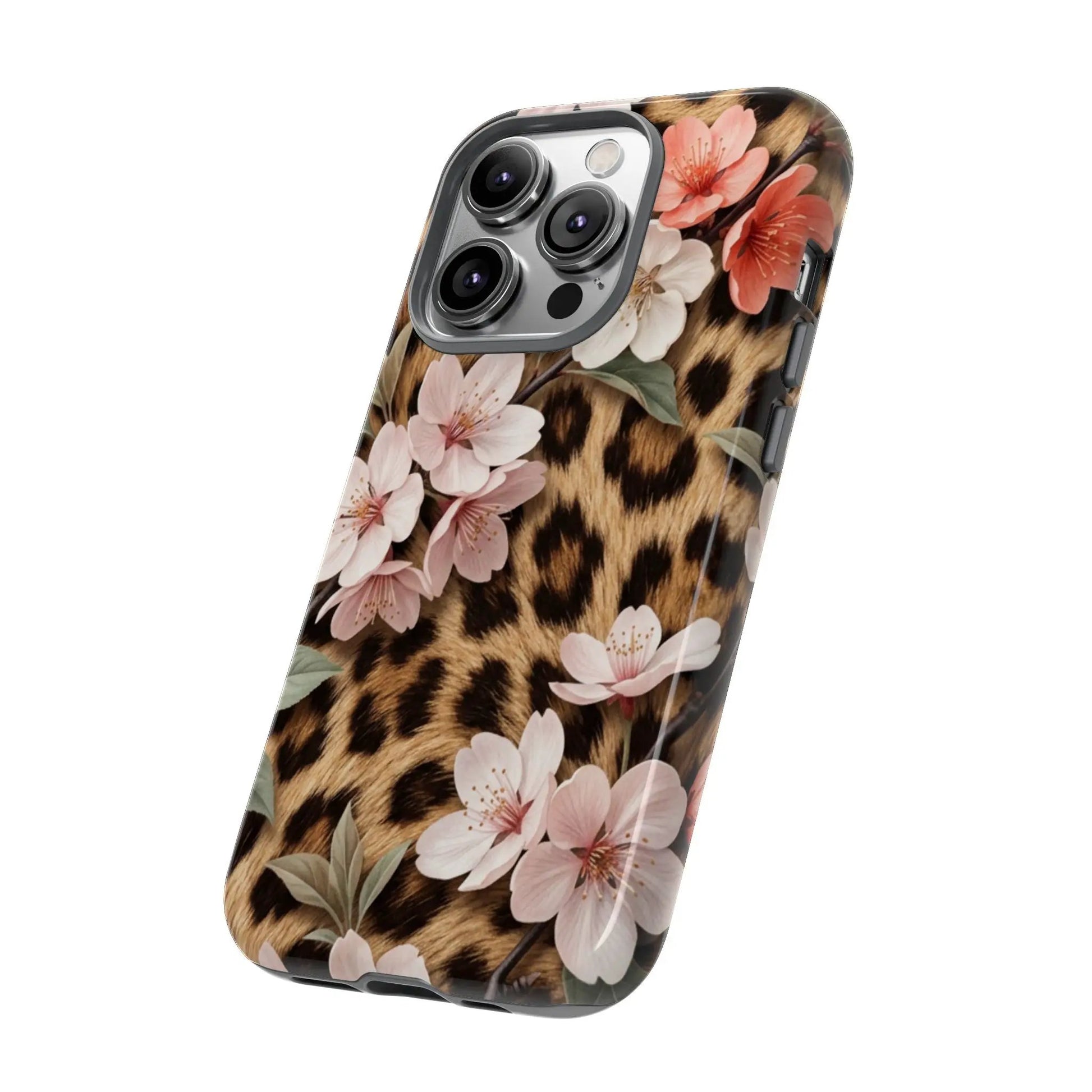 Leopard Floral Tough Case — Protective Phone Case with Pink Cherry Blossoms by Printify