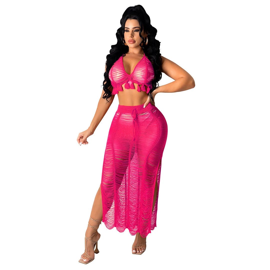 See-through Tassel Knitted Beach Skirt Suit by GJG Denim