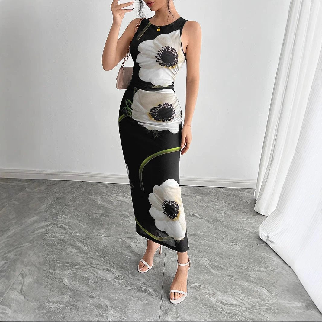 Women's Black Mesh Floral Print Sleeveless Dress Long Dress by GJG Denim