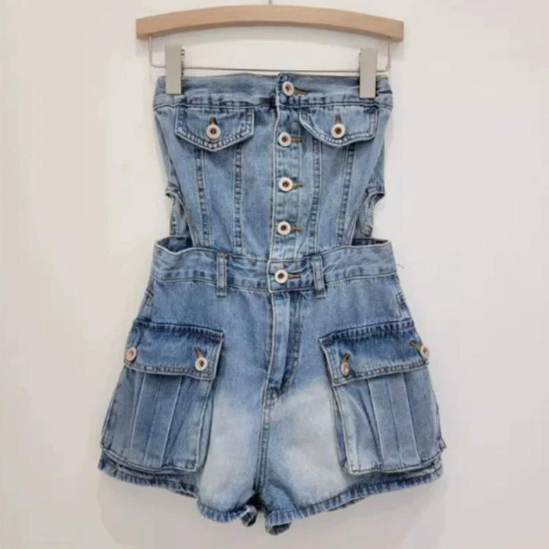 Hot Girl Breasted Hollow-out Midriff Tube Top Cowboy Siamese Shorts For Women by GJG Denim