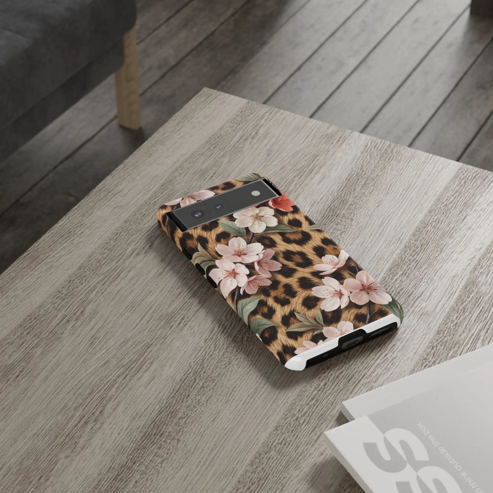 Leopard Floral Tough Case — Protective Phone Case with Pink Cherry Blossoms by Printify